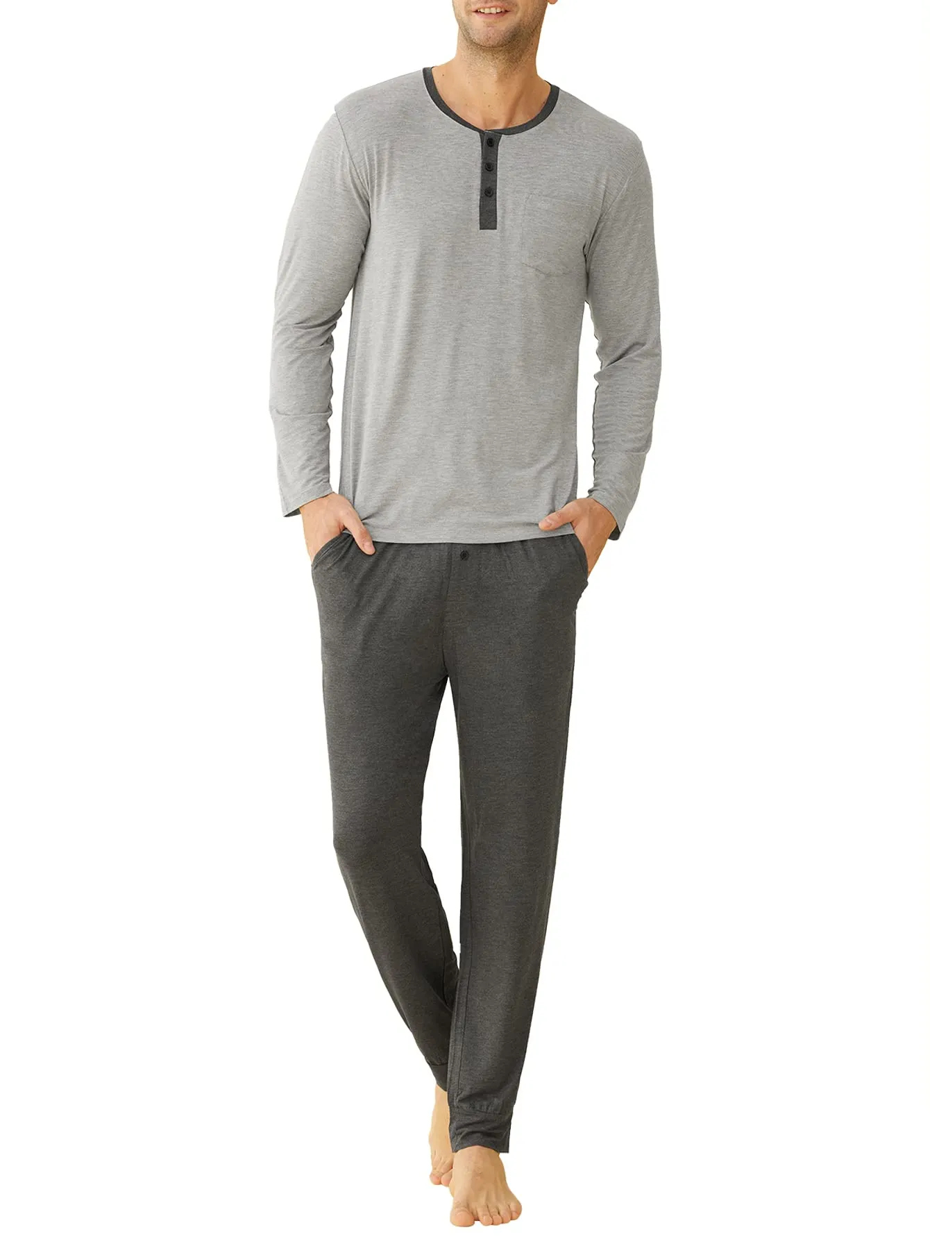 Men's Bamboo Viscose Pajamas Set Henley Long Sleeves Top Pants