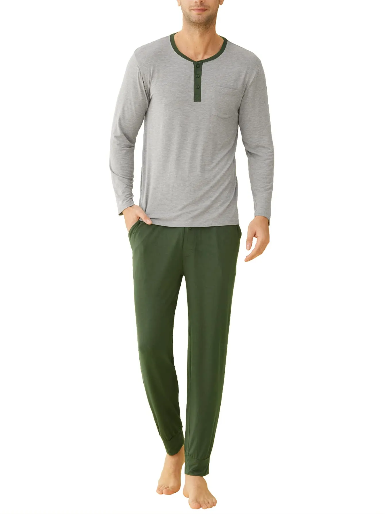 Men's Bamboo Viscose Pajamas Set Henley Long Sleeves Top Pants