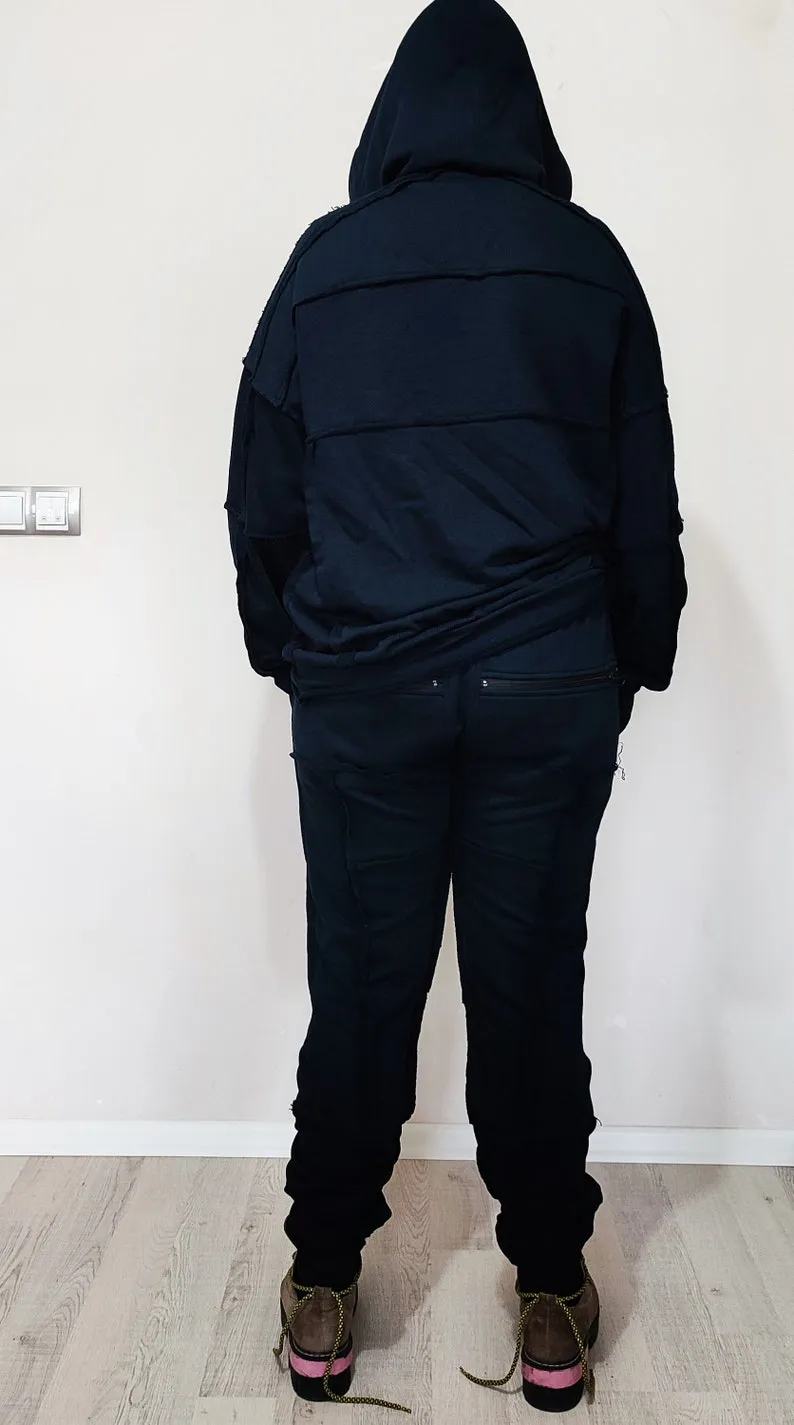 Men's Ribbing Detail Jogging Suit and Hoodie SET / Oversized Fit Overlong TRACKSUIT SWEATSUIT-BB285