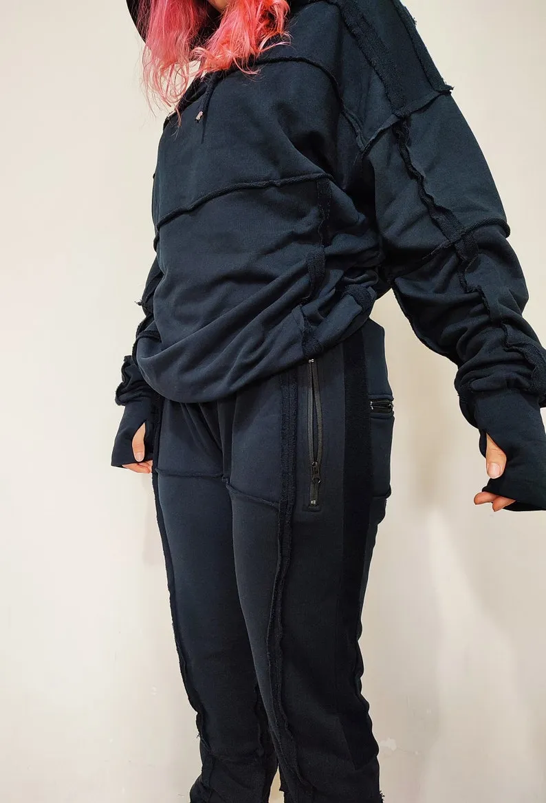 Men's Ribbing Detail Jogging Suit and Hoodie SET / Oversized Fit Overlong TRACKSUIT SWEATSUIT-BB285
