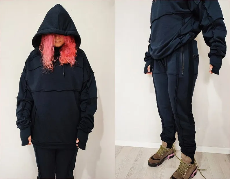Men's Ribbing Detail Jogging Suit and Hoodie SET / Oversized Fit Overlong TRACKSUIT SWEATSUIT-BB285