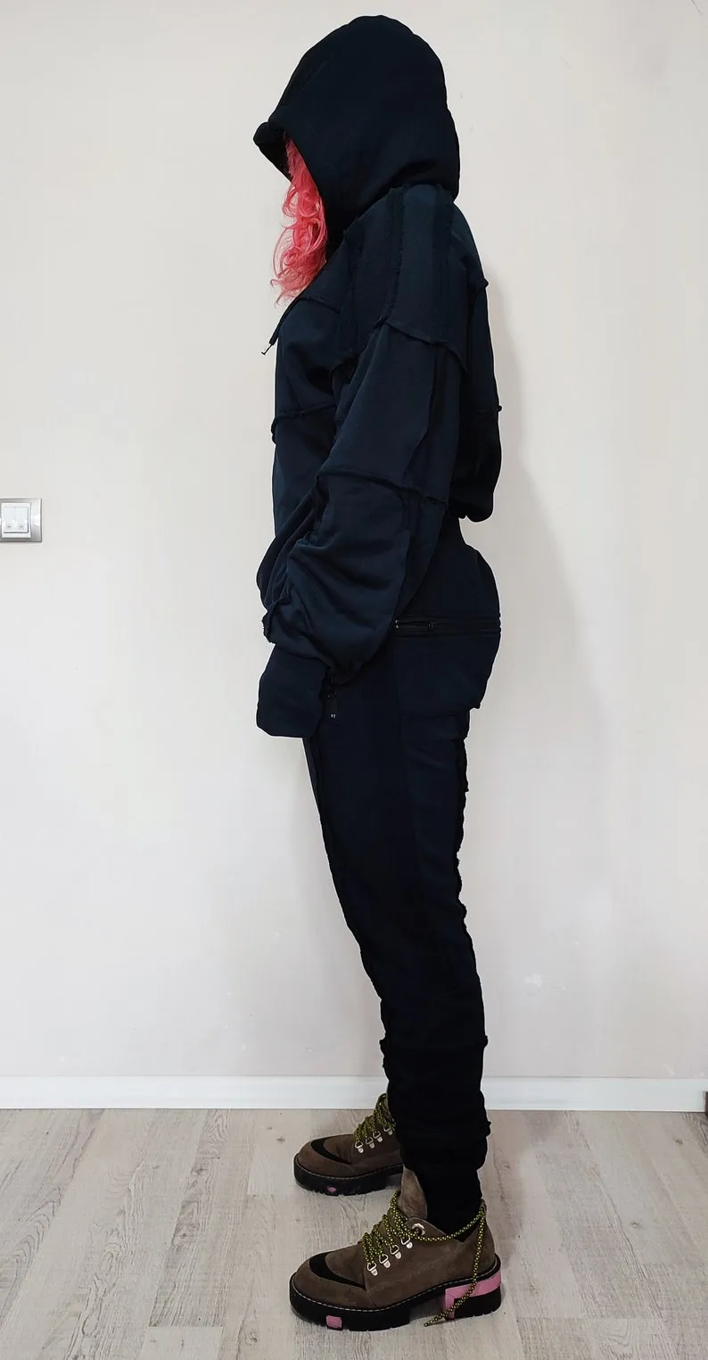 Men's Ribbing Detail Jogging Suit and Hoodie SET / Oversized Fit Overlong TRACKSUIT SWEATSUIT-BB285