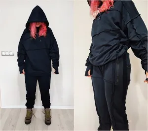 Men's Ribbing Detail Jogging Suit and Hoodie SET / Oversized Fit Overlong TRACKSUIT SWEATSUIT-BB285
