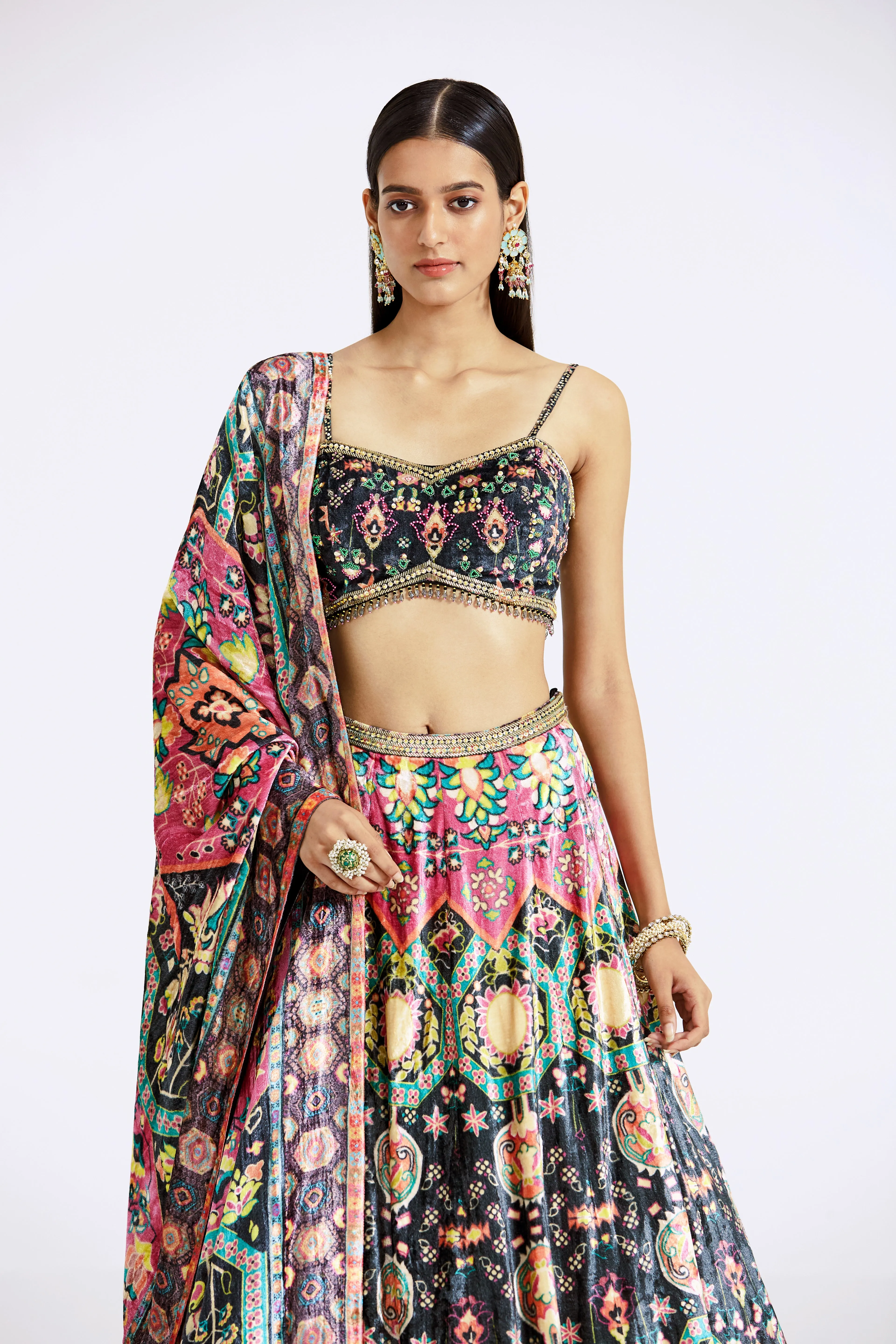 Multicolour Velvet Lehenga Set