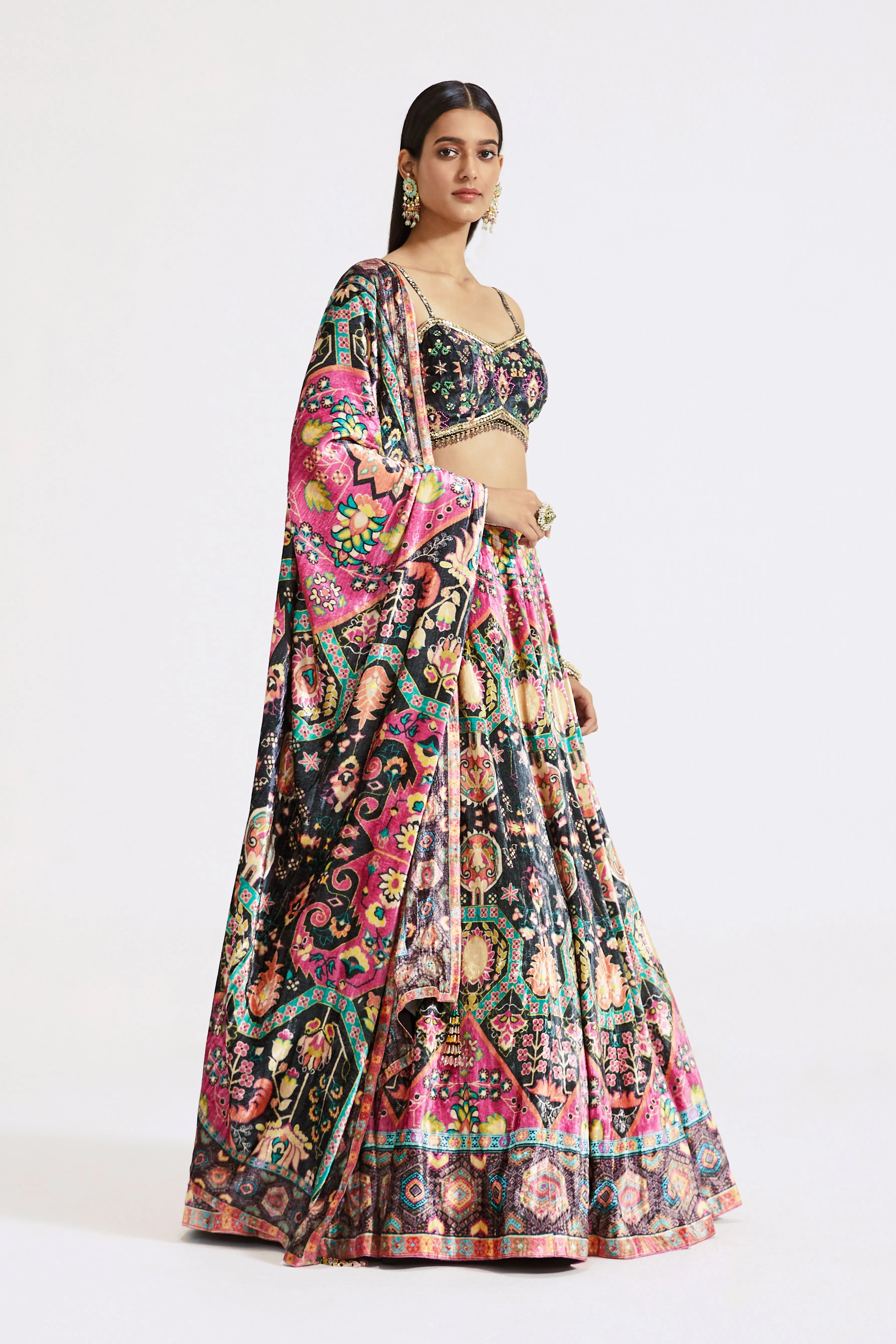 Multicolour Velvet Lehenga Set