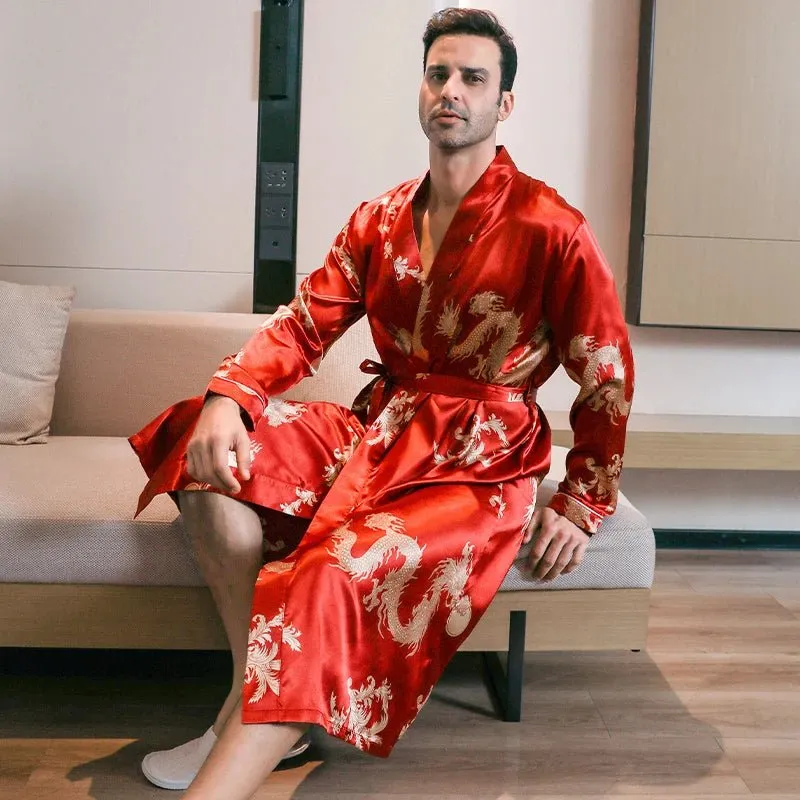 Pajama men's spring and autumn silk thin style oversized pajamas long sleeved bathrobes ice silk bathrobes home clothing summer