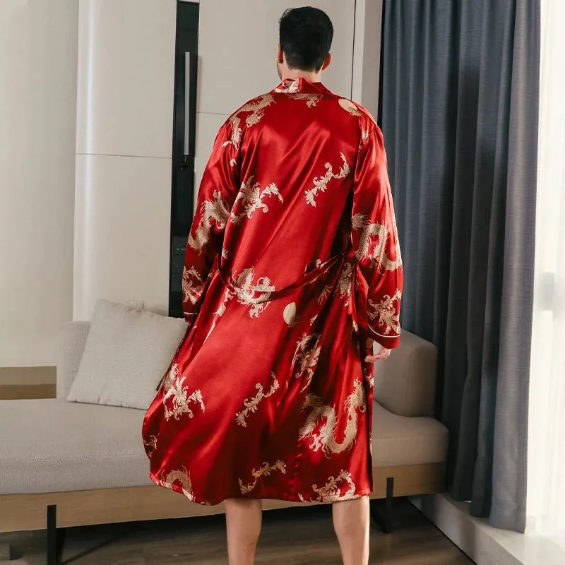 Pajama men's spring and autumn silk thin style oversized pajamas long sleeved bathrobes ice silk bathrobes home clothing summer