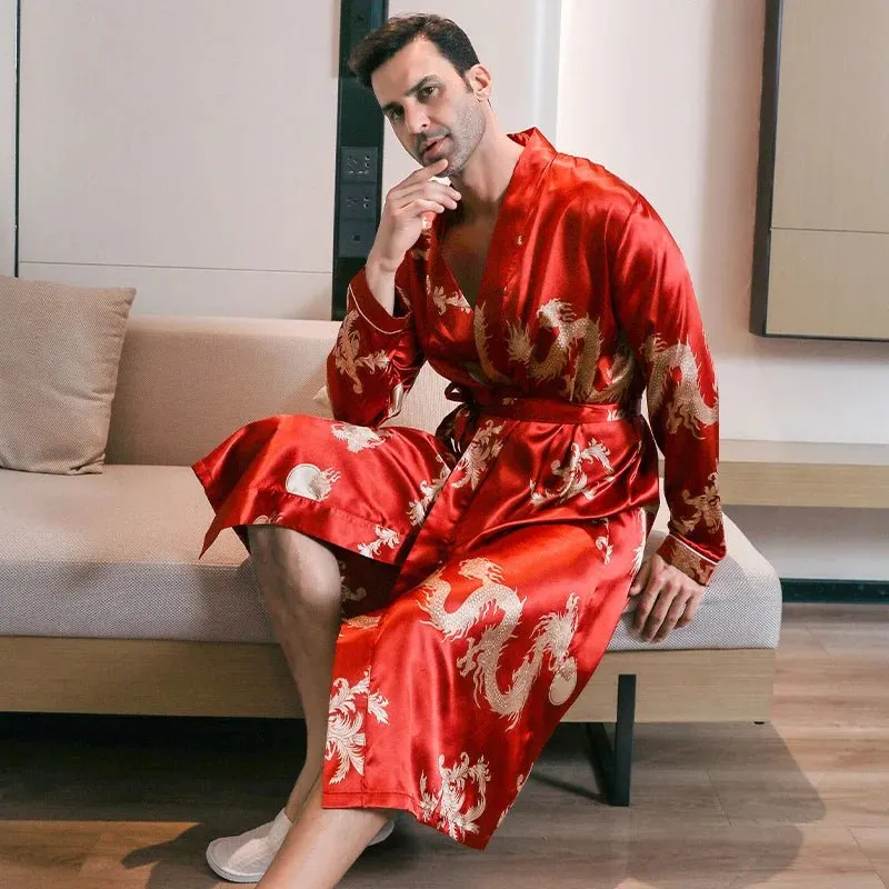 Pajama men's spring and autumn silk thin style oversized pajamas long sleeved bathrobes ice silk bathrobes home clothing summer