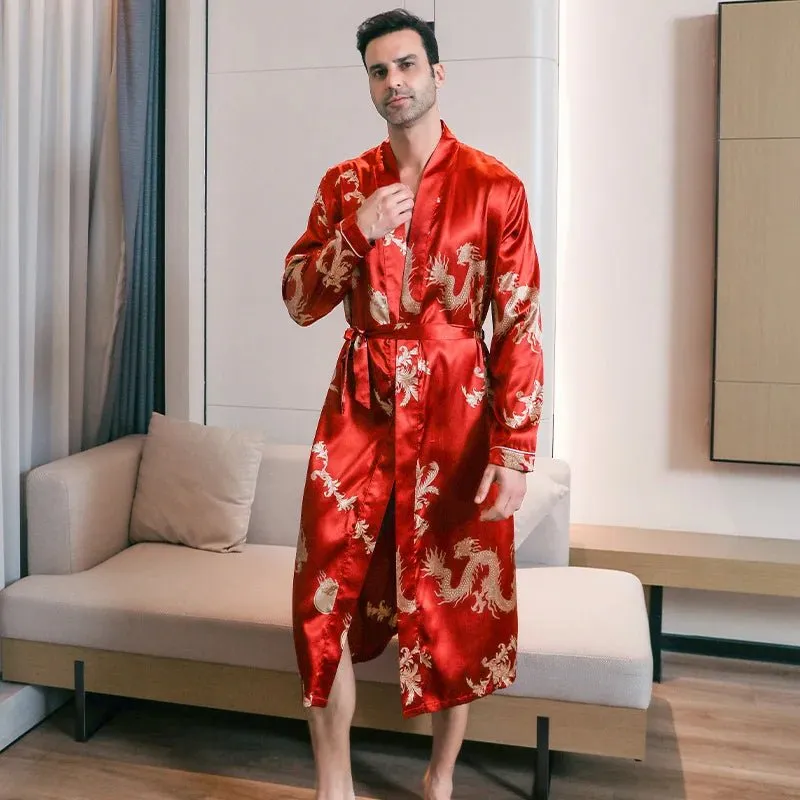 Pajama men's spring and autumn silk thin style oversized pajamas long sleeved bathrobes ice silk bathrobes home clothing summer