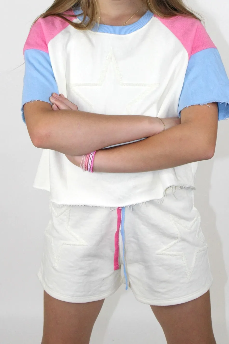 Paper Flower Chenille Star Embroidery Color Block Shirt