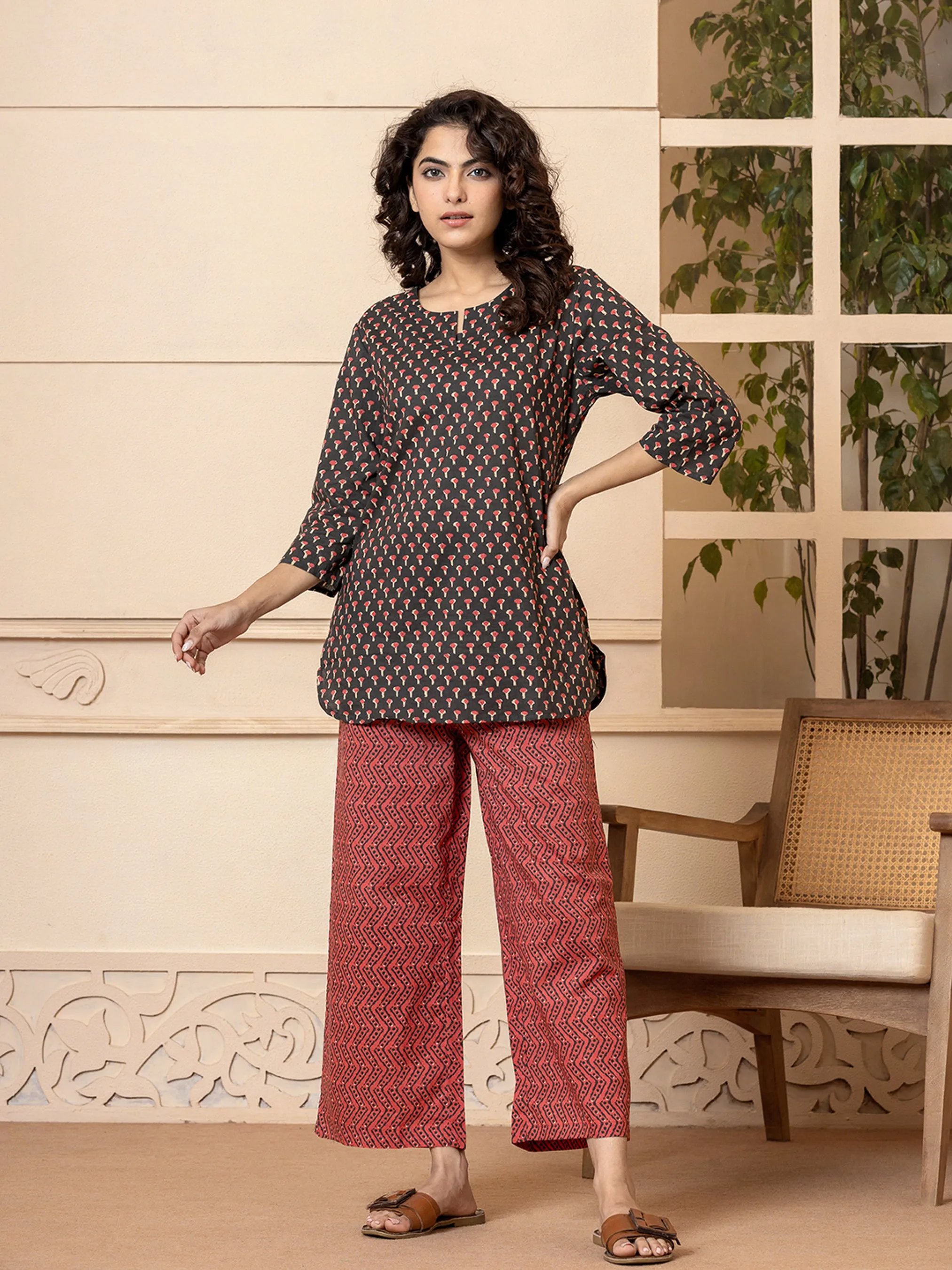 Pinky Grey Pure cotton Hand Printed Loungewear