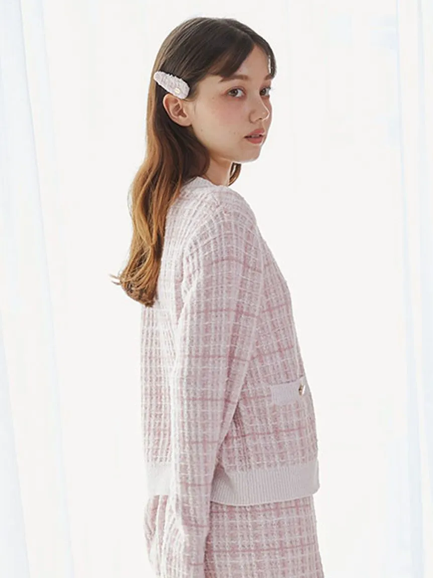 Plaid Button-Up Knit Cardigan