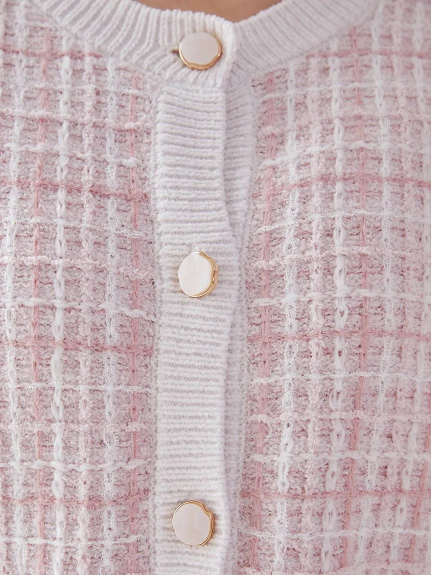 Plaid Button-Up Knit Cardigan