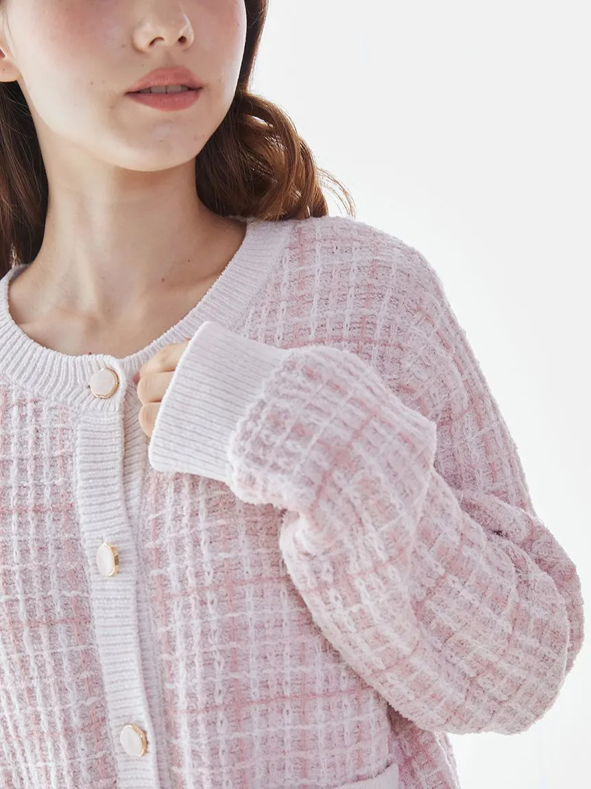 Plaid Button-Up Knit Cardigan