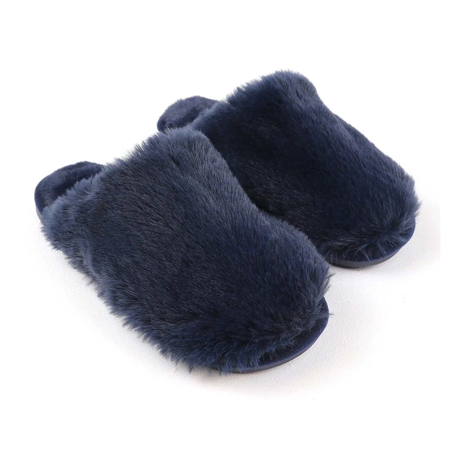 POM Navy Faux Fur Closed Mule Slippers M/L