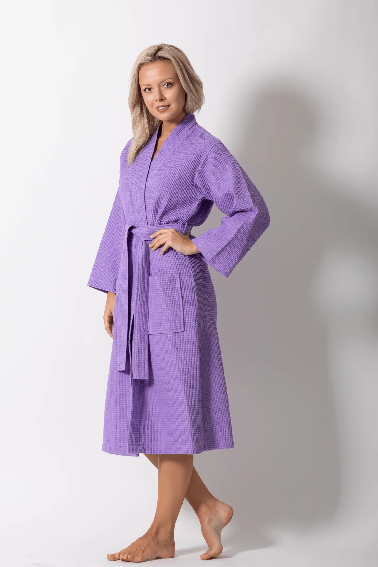 Premium Women's Long  Cotton Turkish Waffle Bathrobe, Kimono Style, Comfort & Softness (Lavender)