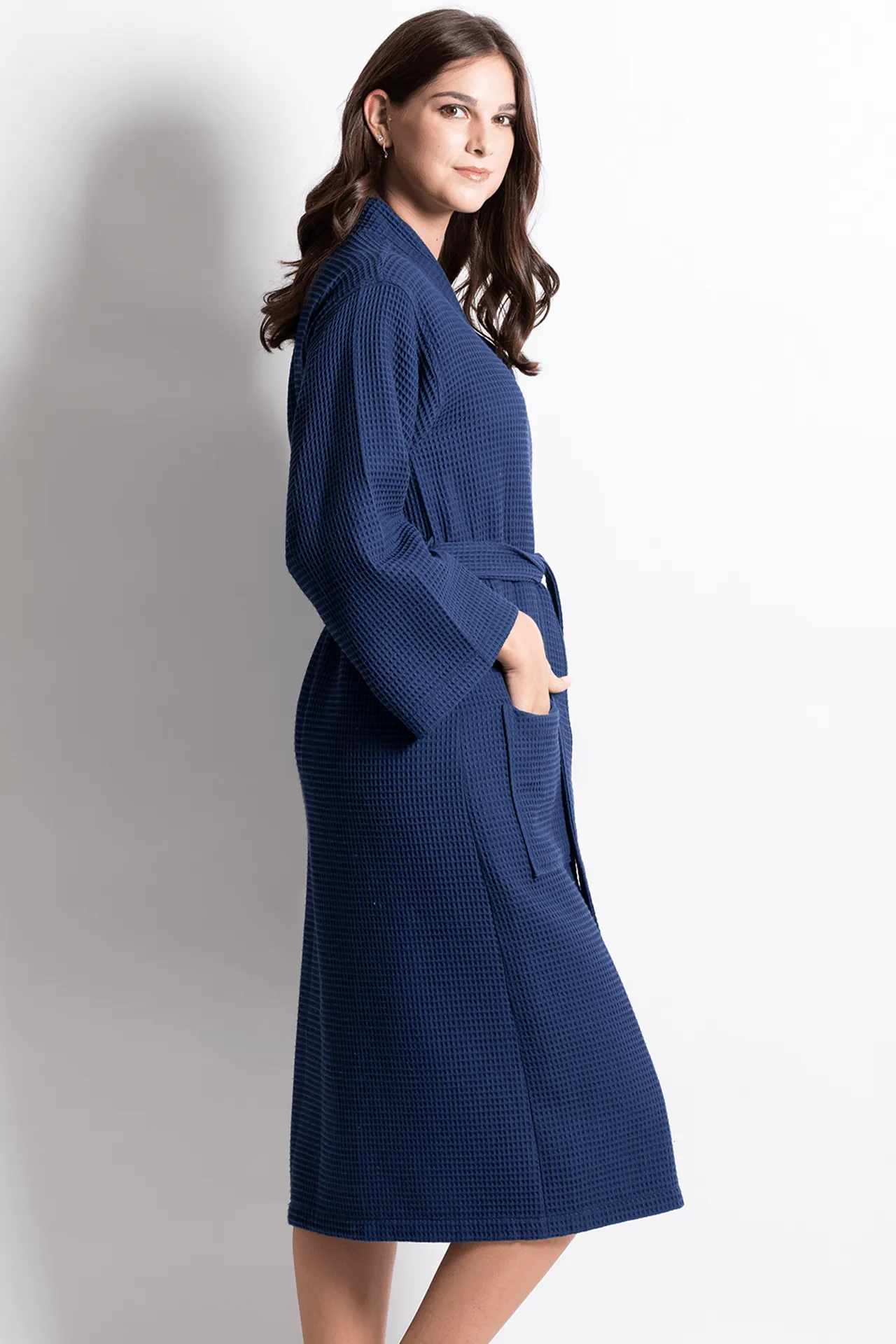 Premium Women's Long Waffle Cotton Turkish Bathrobe, Kimono Style, Luxury Robe Poly blend (Navy)