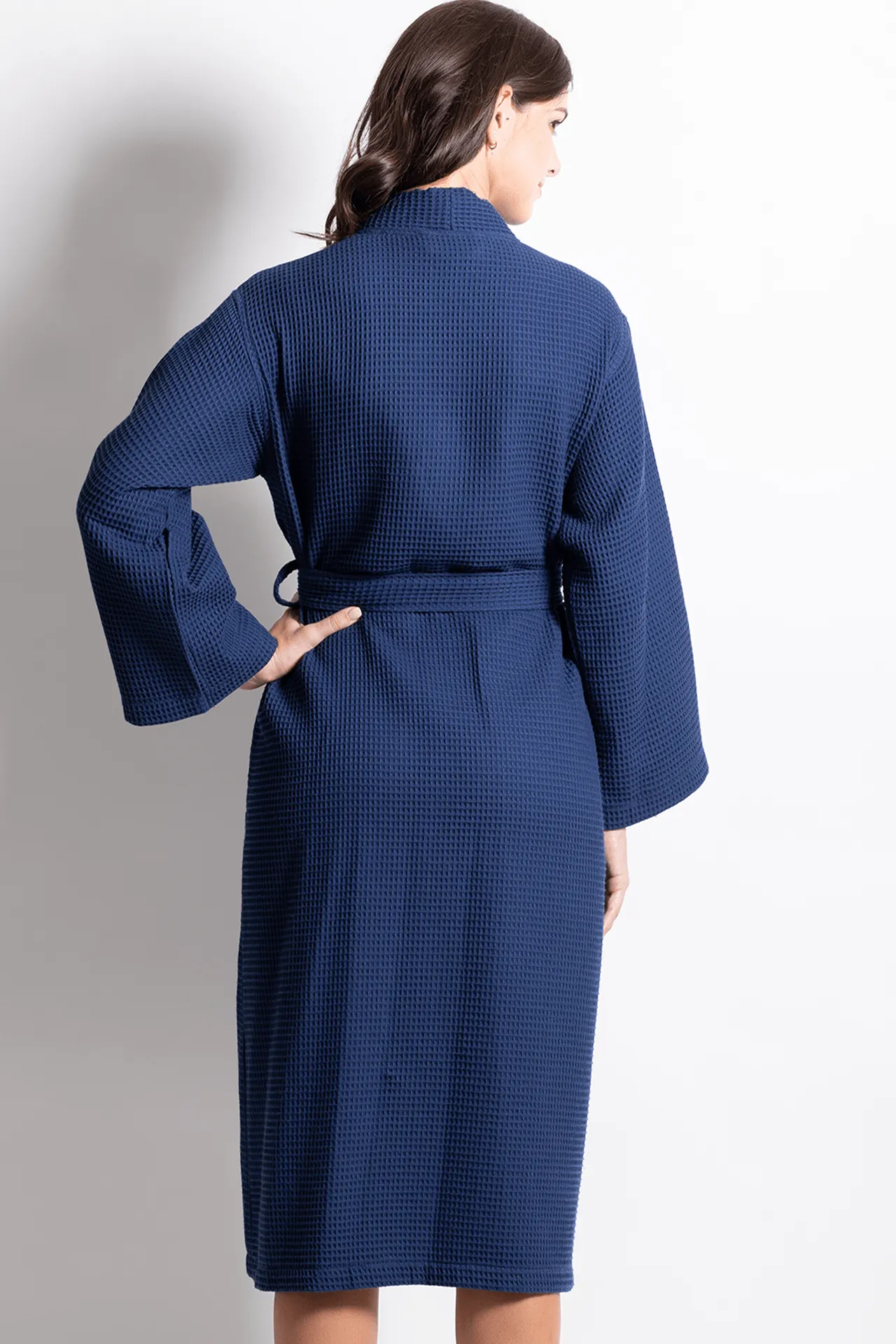 Premium Women's Long Waffle Cotton Turkish Bathrobe, Kimono Style, Luxury Robe Poly blend (Navy)