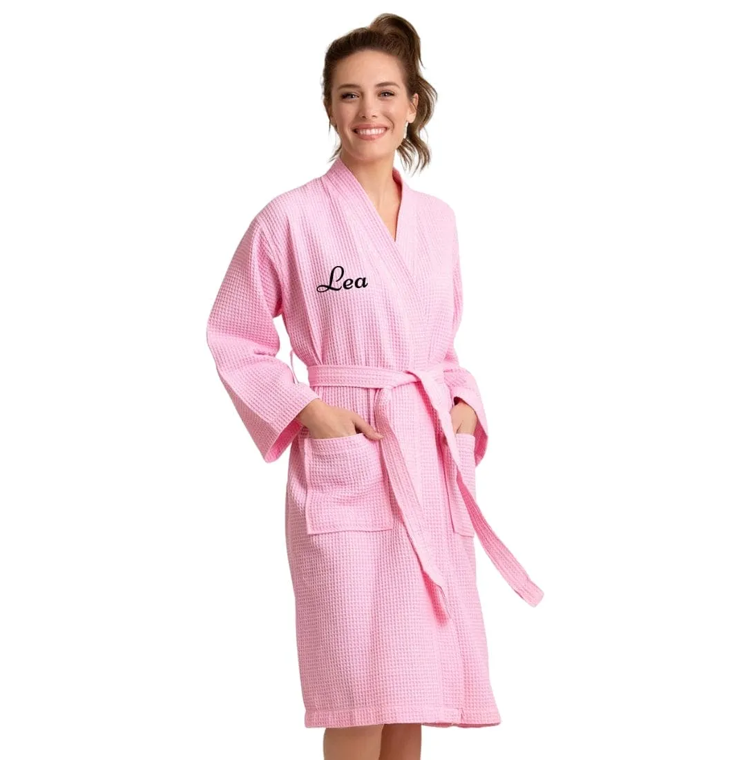 Premium Women's Long Waffle Cotton Turkish Bathrobe, Kimono Style, Luxury Robe Poly blend (Pink)