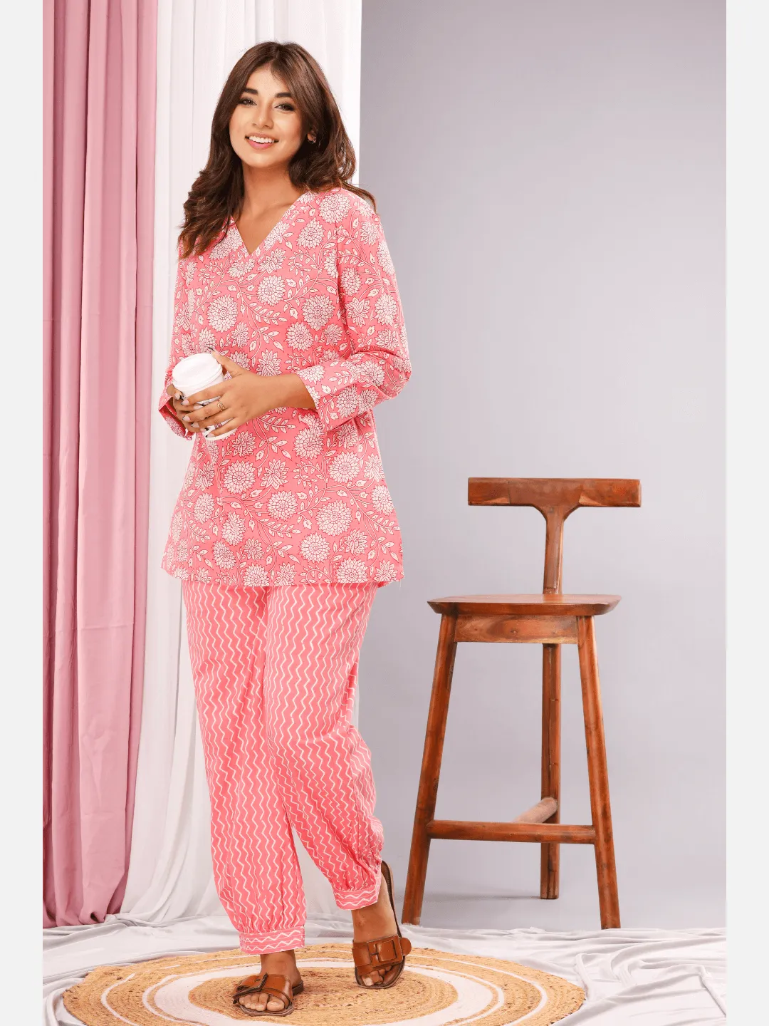 Sand Pink Cotton V neck Loungewear