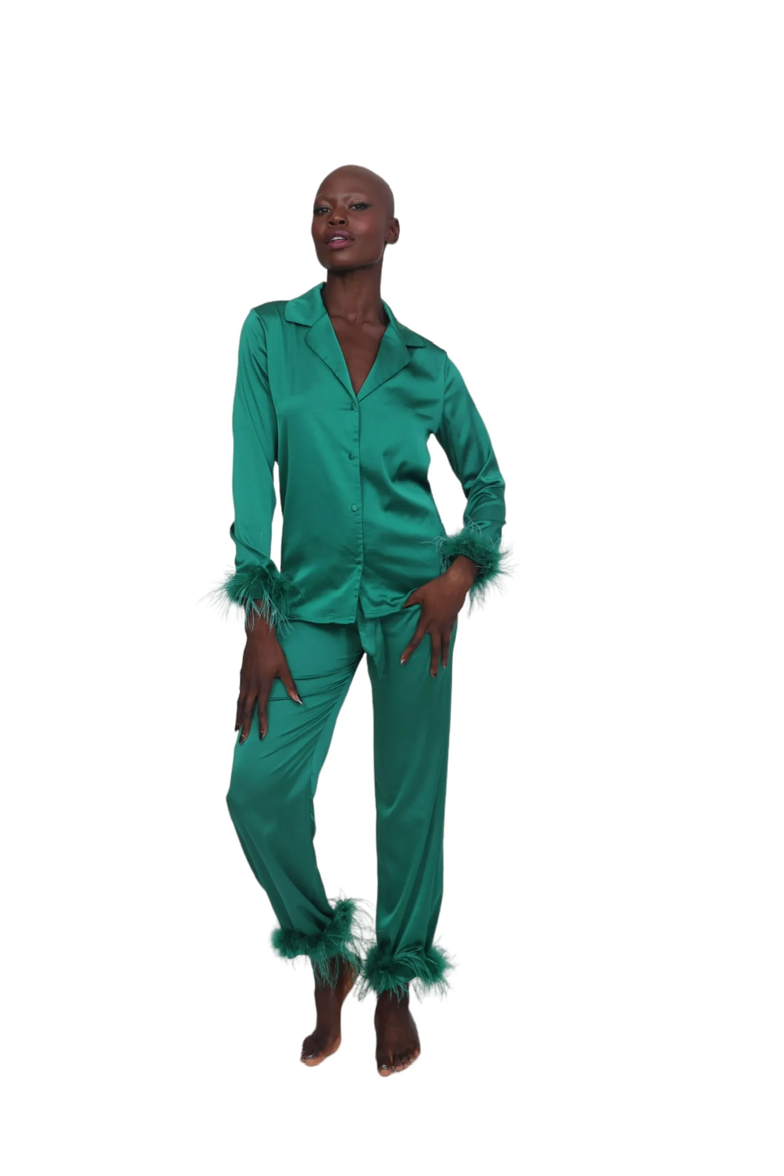 Satin and Feather Pajama Bottoms - Green