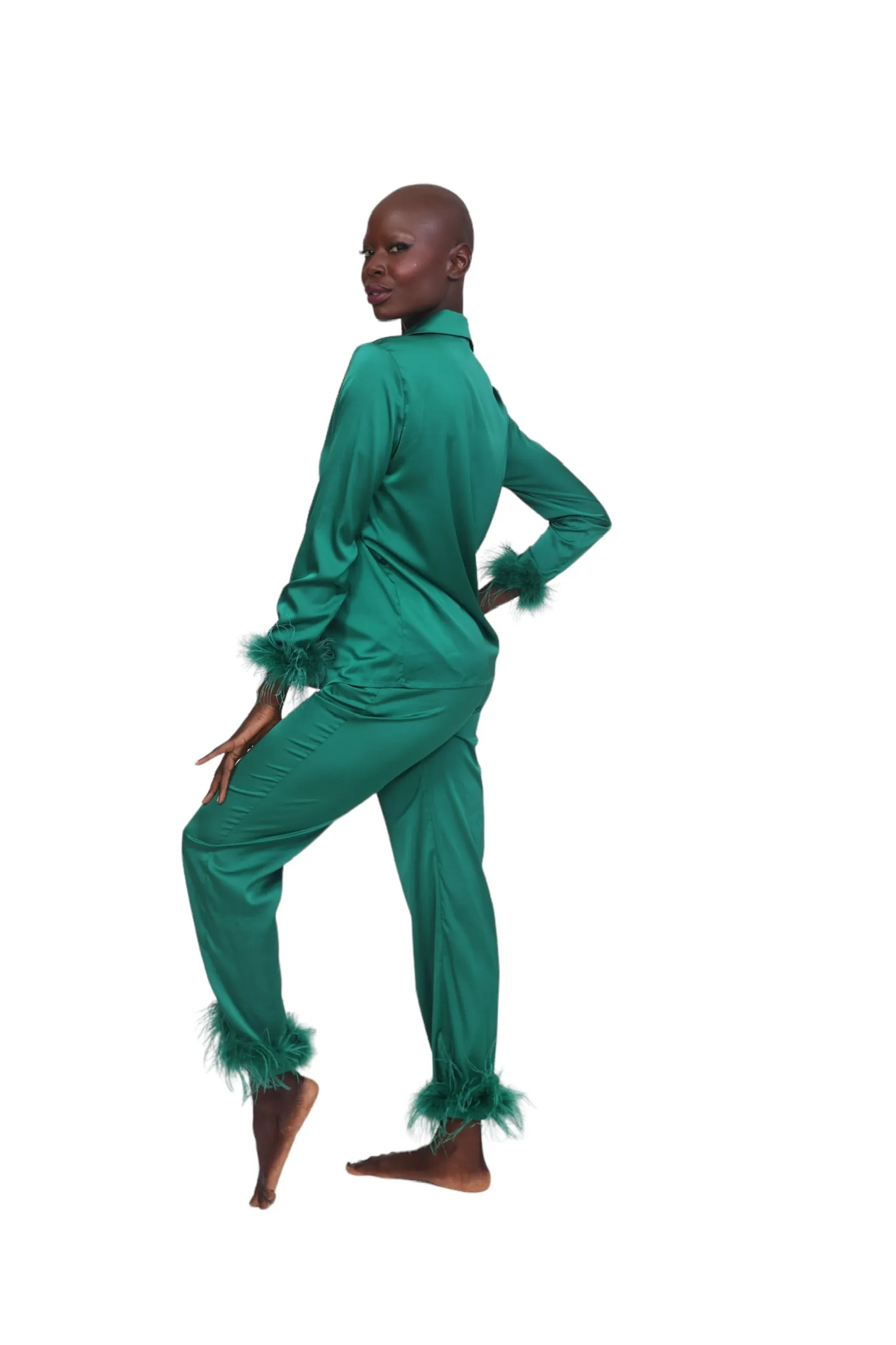 Satin and Feather Pajama Bottoms - Green