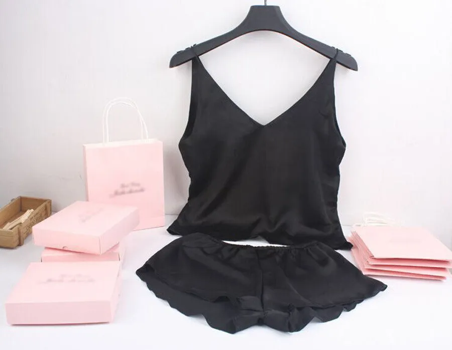Sexy  Silk  Spaghetti Strap  Two-Piece Pajamas