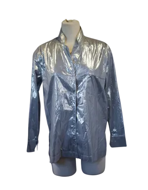 Silver Shiny Pajama-Style Shirt with Snap-Up Closure and Front Pocket