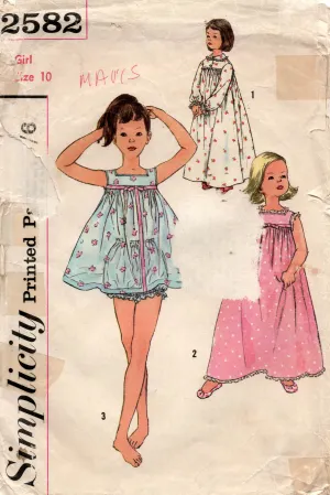 Simplicity 2582 Girls Shortie Pyjamas & Nightgown 1950s Vintage Sewing Pattern Size 10