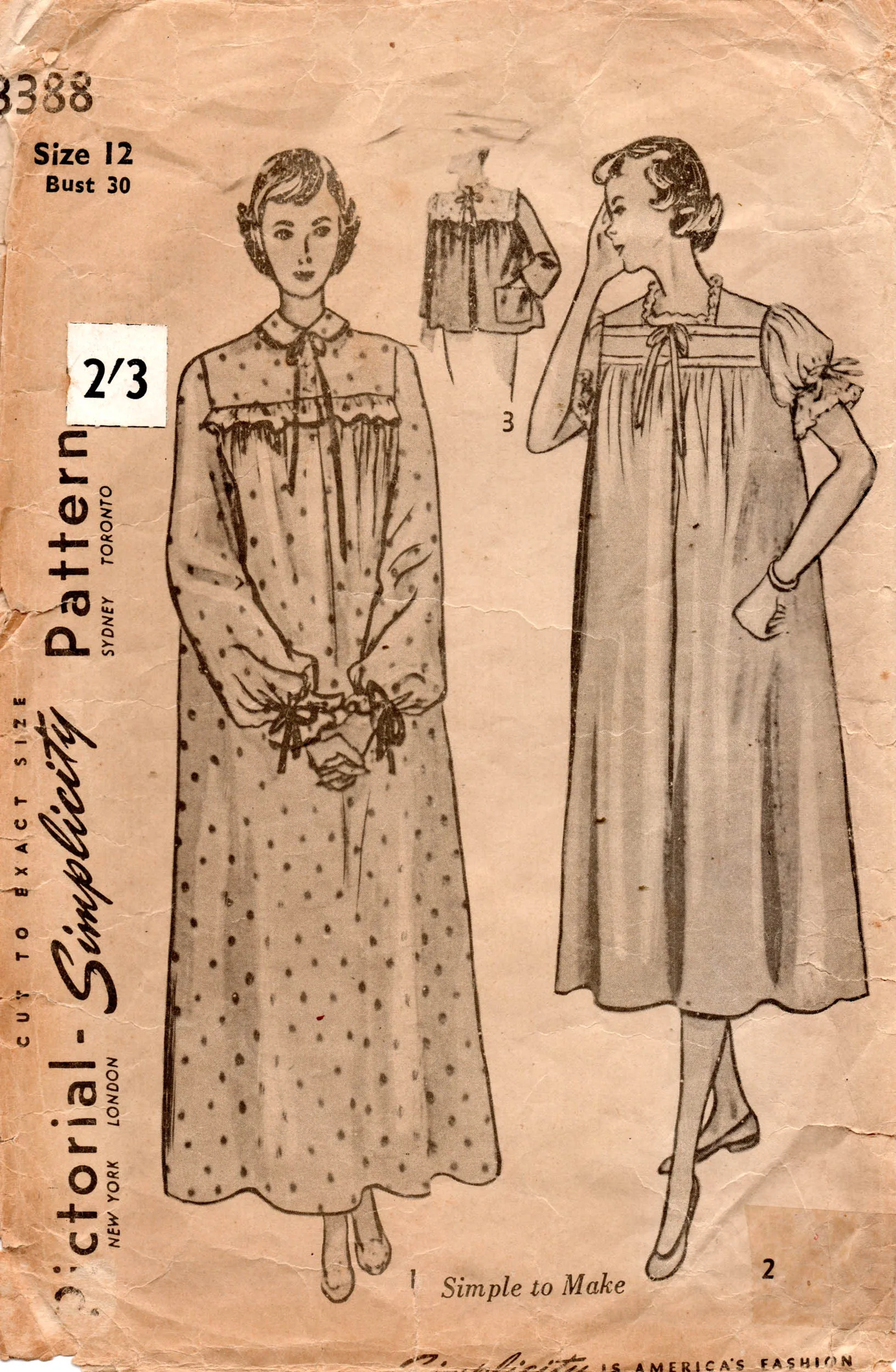 Simplicity 3388 Womens Puff Sleeved Nightgowns & Bed Jacket 1950s Vintage Sewing Pattern Size 12 Bust 30 inches