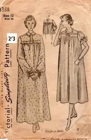 Simplicity 3388 Womens Puff Sleeved Nightgowns & Bed Jacket 1950s Vintage Sewing Pattern Size 12 Bust 30 inches