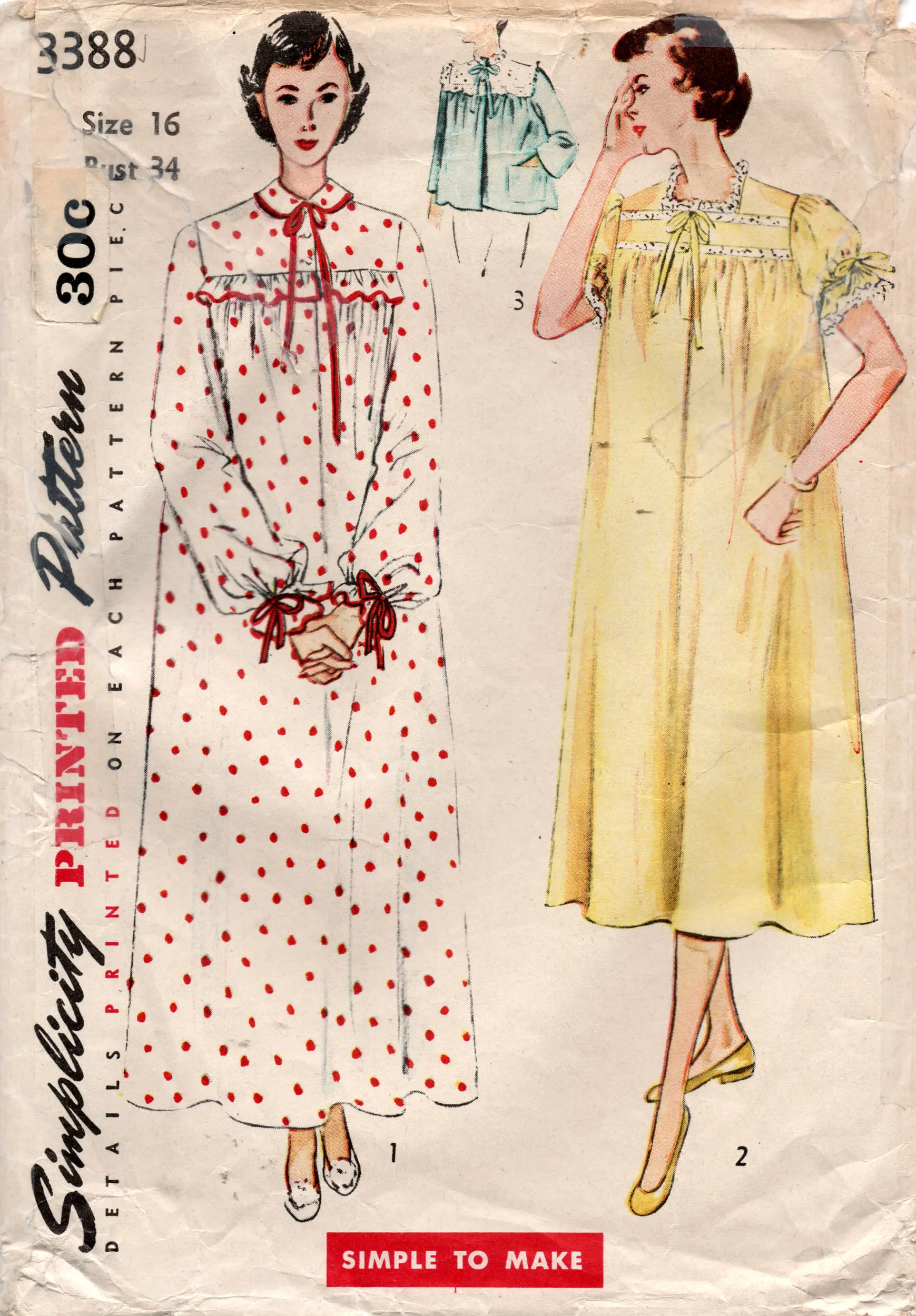 Simplicity 3388 Womens Puff Sleeved Nightgowns & Bed Jacket 1950s Vintage Sewing Pattern Size 12 Bust 30 inches