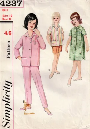 Simplicity 4237 Girls Pyjamas & Sleep Shirt with Monogram Transfer 1960s Vintage Sewing Pattern Size 10