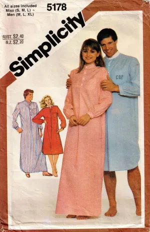 Simplicity 5178 UNISEX Nightshirt 1980s Vintage Sewing Pattern Size 10 - 20 Womens & Chest 38 - 40 Mens