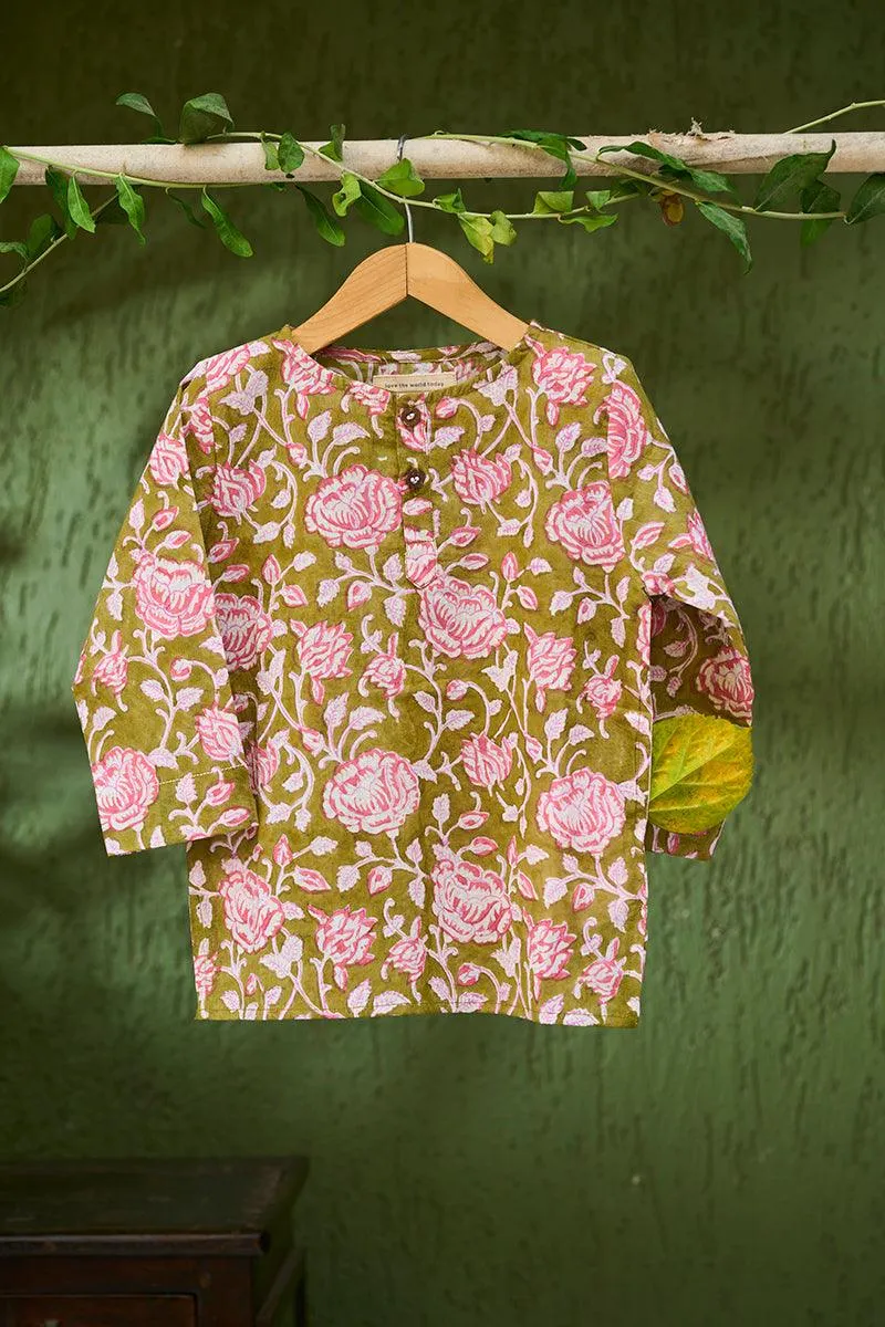 Sleepover party’ kids unisex kurta in green floral hand block print cotton malmal