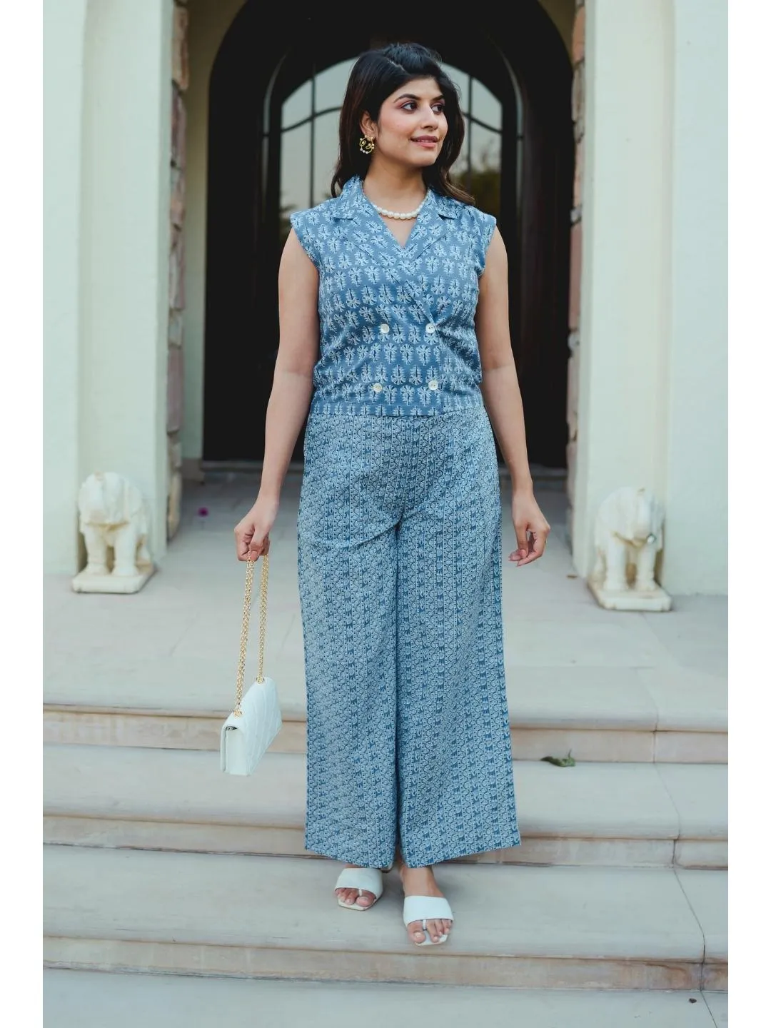 Sleeveless Collar Blue Cotton Set