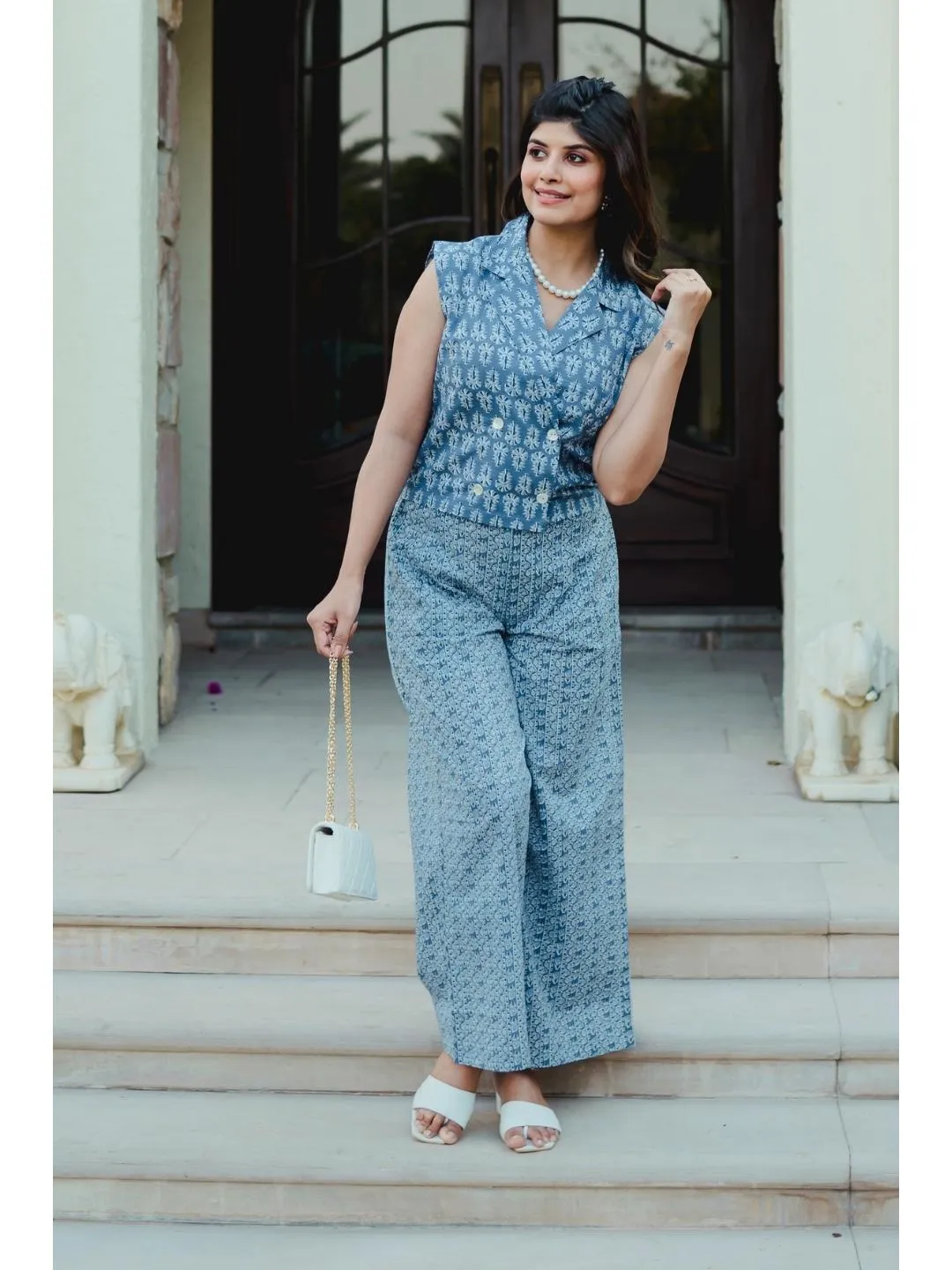 Sleeveless Collar Blue Cotton Set
