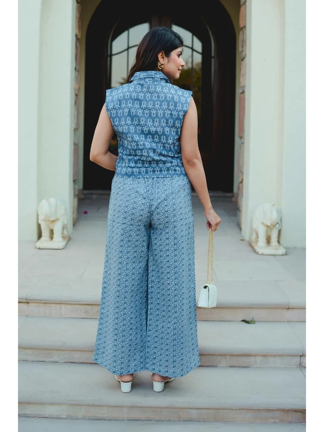 Sleeveless Collar Blue Cotton Set