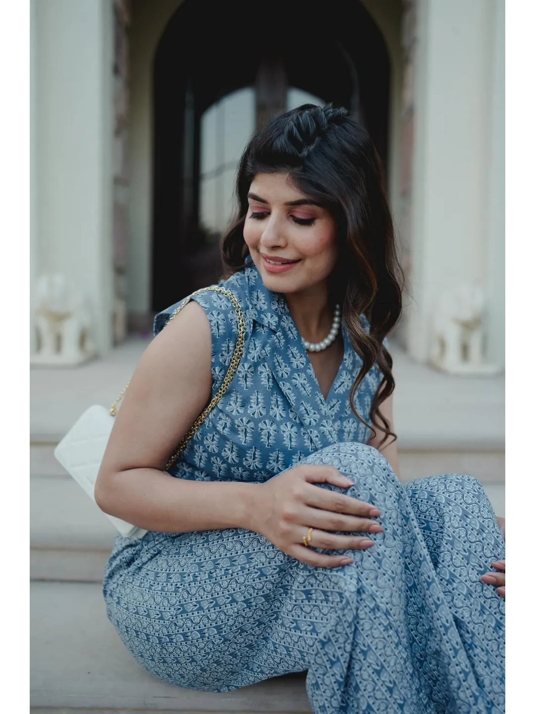 Sleeveless Collar Blue Cotton Set