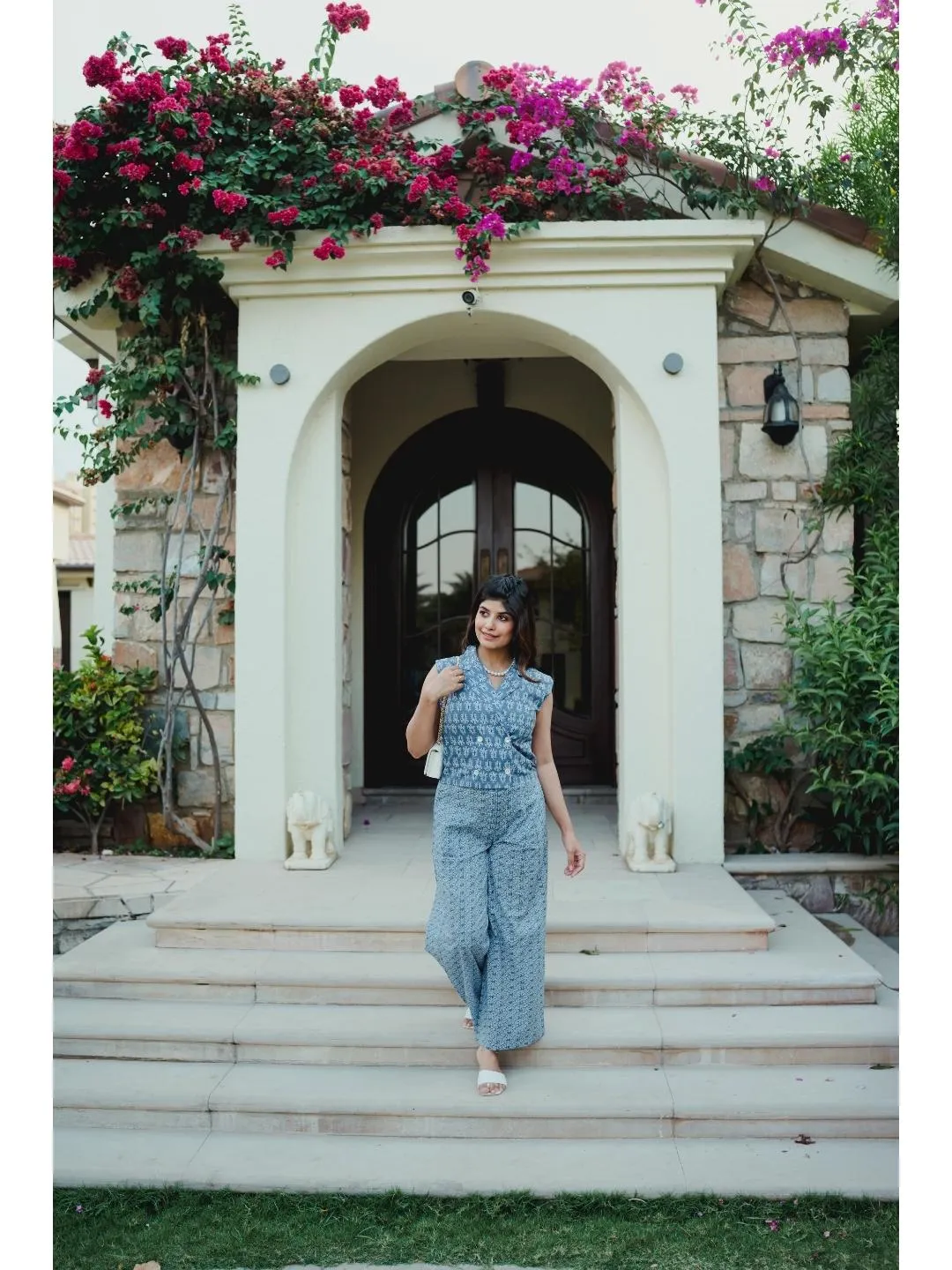 Sleeveless Collar Blue Cotton Set