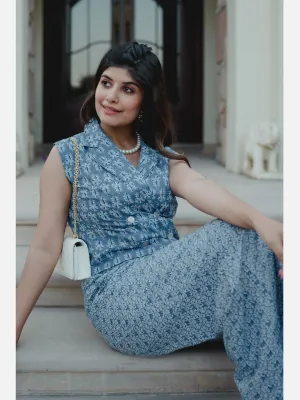 Sleeveless Collar Blue Cotton Set