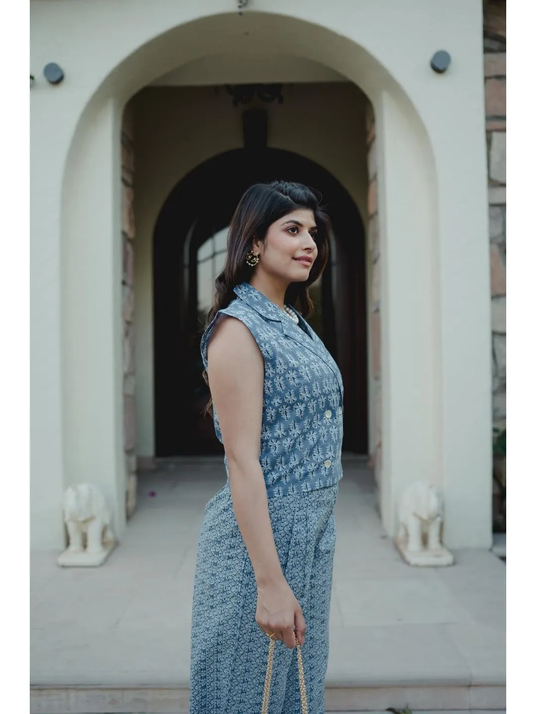 Sleeveless Collar Blue Cotton Set