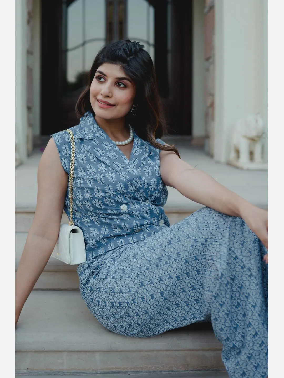 Sleeveless Collar Blue Cotton Set