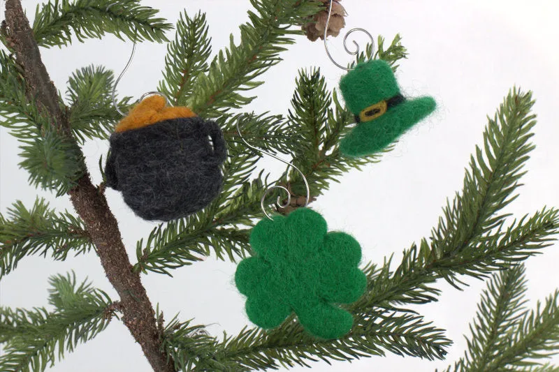 St. Patrick's Day Ornaments- SET OF 3- Shamrock, Pot of Gold, Leprechaun Hat