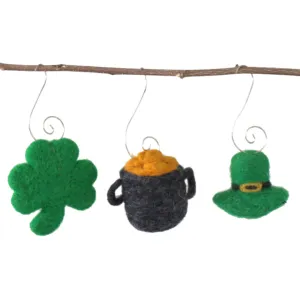 St. Patrick's Day Ornaments- SET OF 3- Shamrock, Pot of Gold, Leprechaun Hat