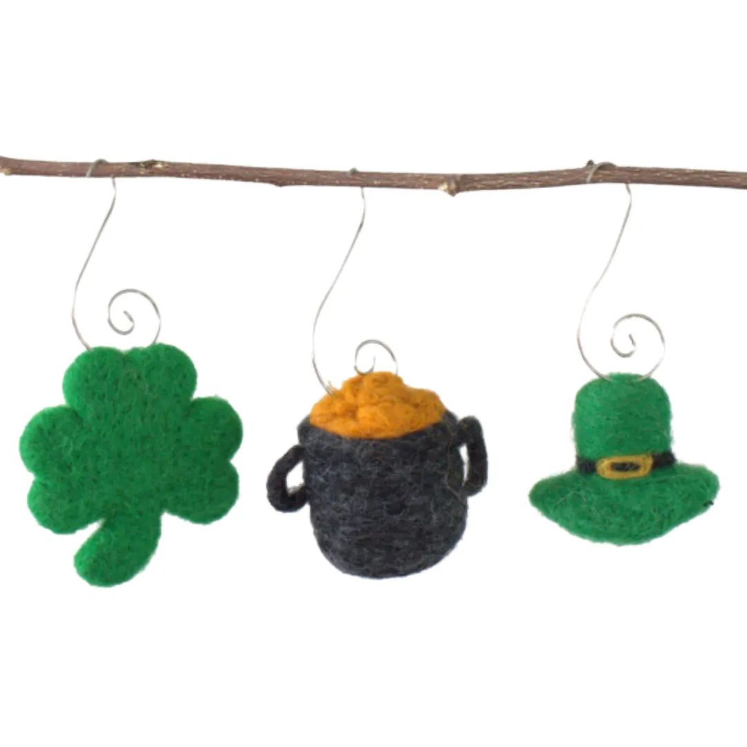 St. Patrick's Day Ornaments- SET OF 3- Shamrock, Pot of Gold, Leprechaun Hat