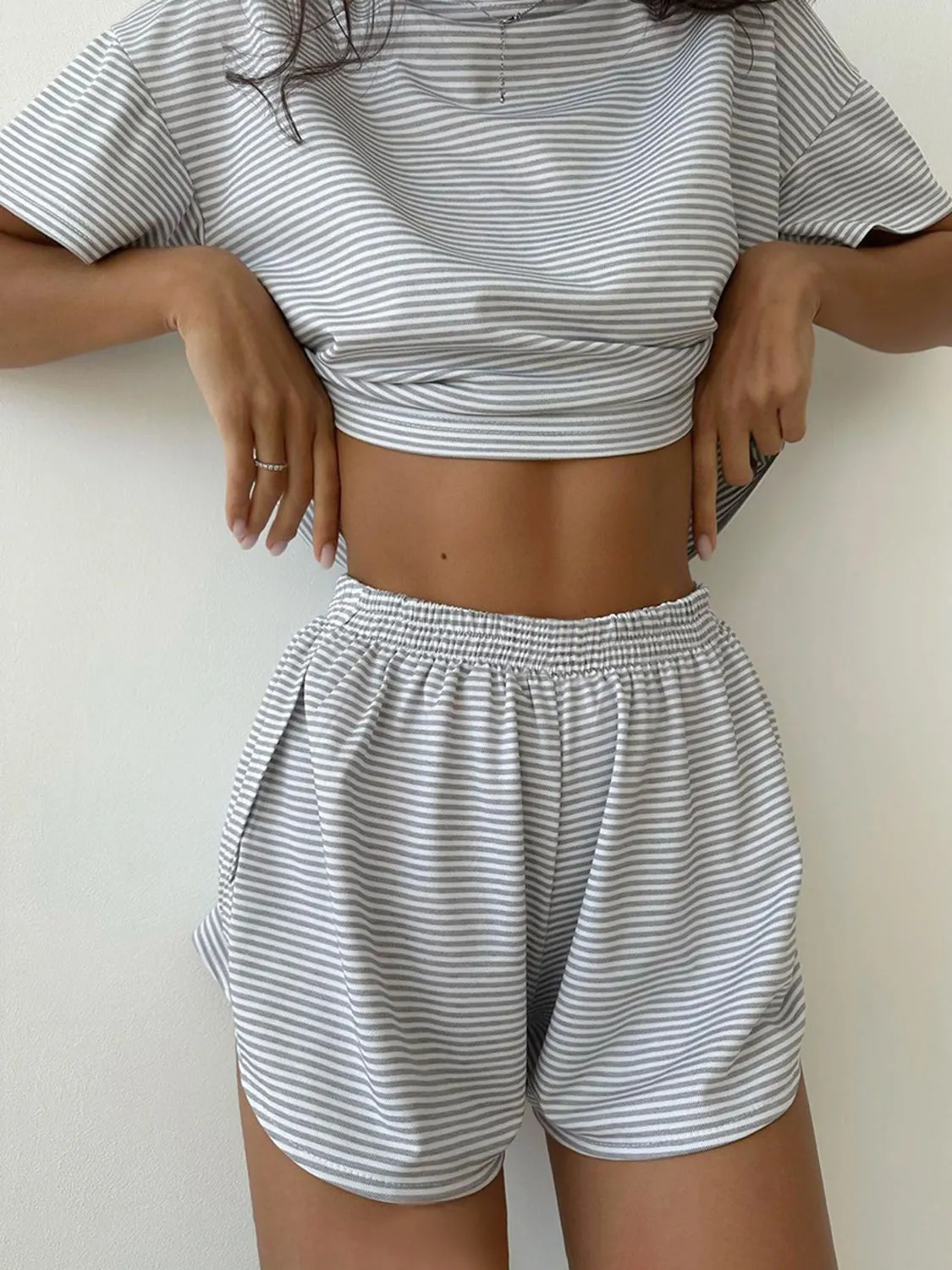 Striped Round Neck Top and Shorts Set Loungewear Two Piece Outfit Set Cotton Luxury Premium Fashion