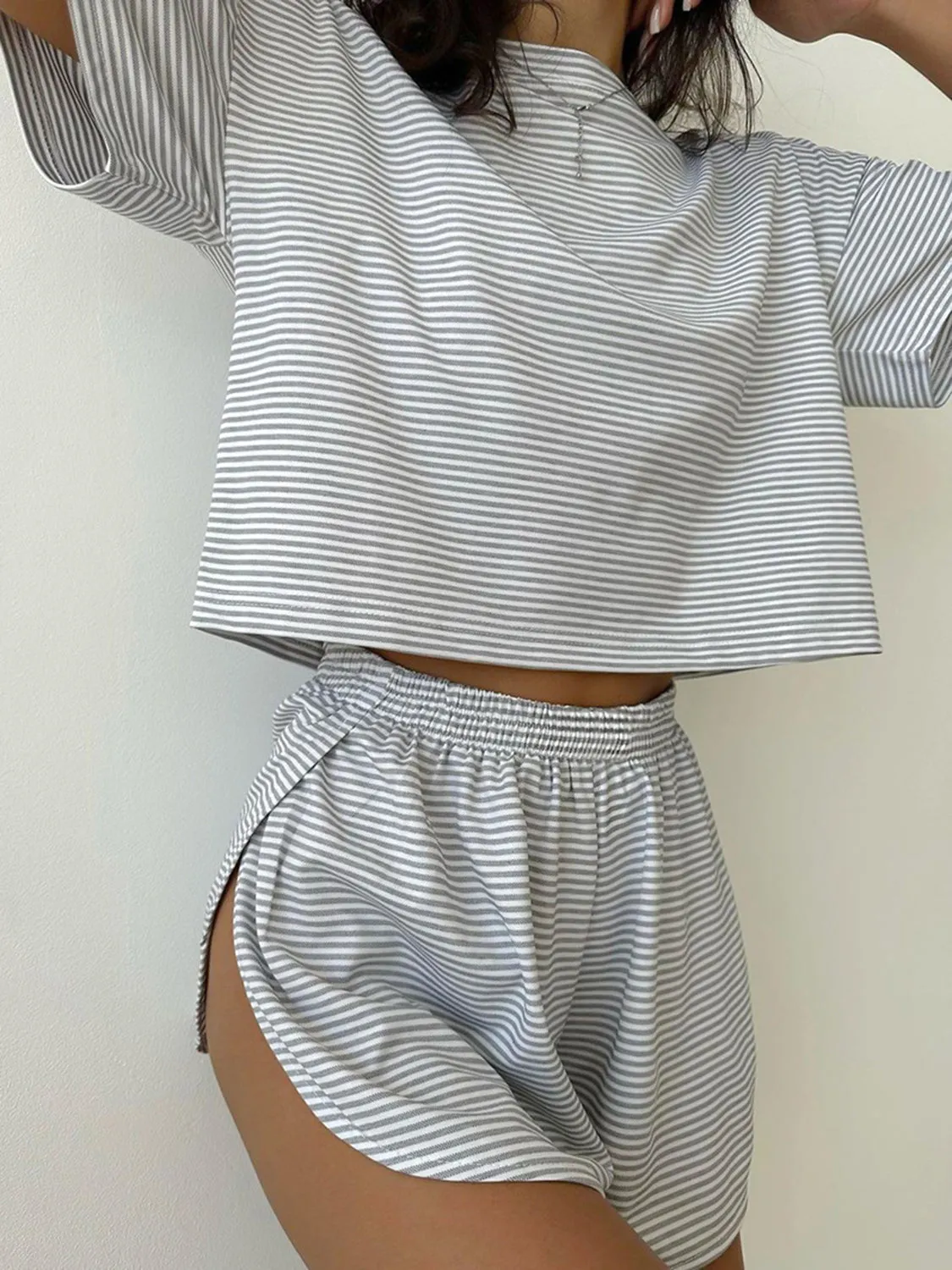 Striped Round Neck Top and Shorts Set Loungewear Two Piece Outfit Set Cotton Luxury Premium Fashion