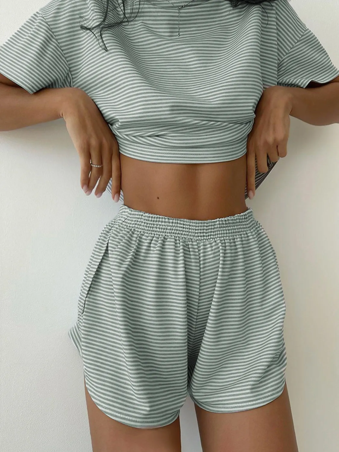 Striped Round Neck Top and Shorts Set Loungewear Two Piece Outfit Set Cotton Luxury Premium Fashion