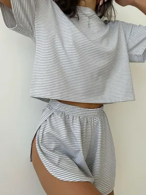 Striped Round Neck Top and Shorts Set Loungewear Two Piece Outfit Set Cotton Luxury Premium Fashion